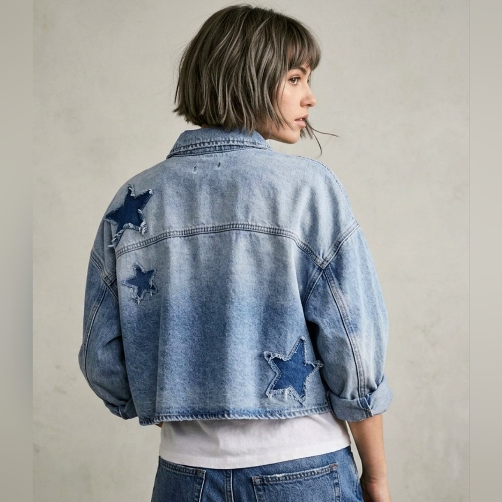 Forever 21 Star Exclusive Patched Cropped Denim Shirt/ Jacket Women's M EUC